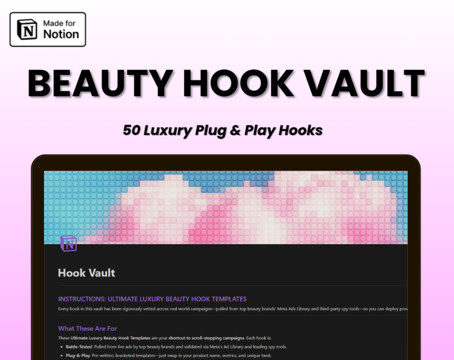 Promotional graphic for 'Beauty Hook Vault' with a laptop displaying a template on a pink background.
