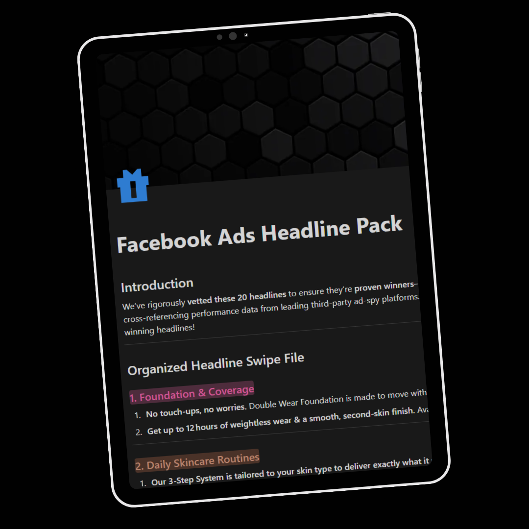 Tablet displaying a Facebook Ads Headline Pack on a black background