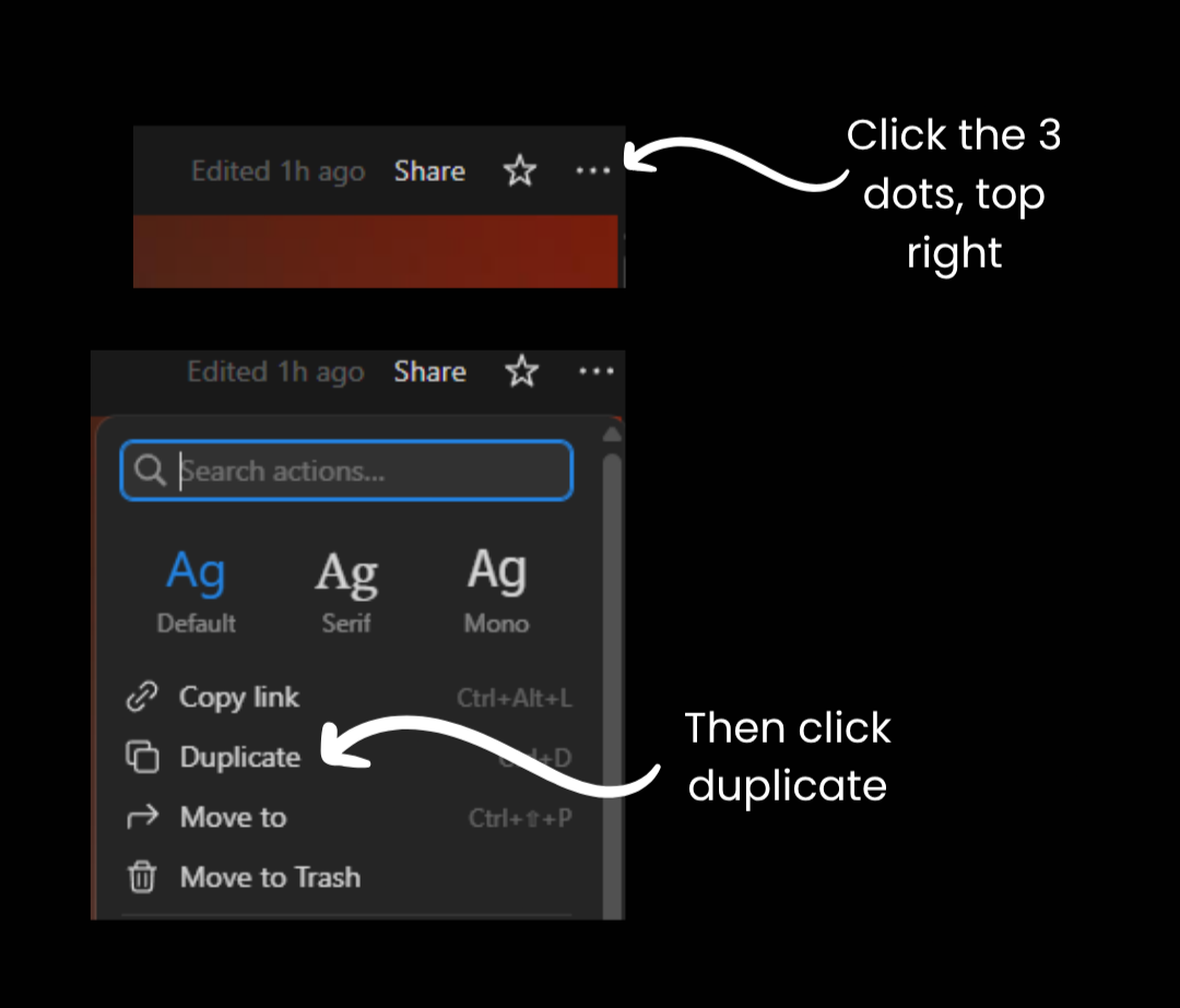 Screen capture of a file management interface with text instructions on how to duplicate an action.