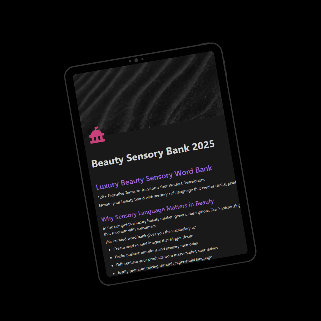 Tablet displaying 'Beauty Sensory Bank 2025' on a black background