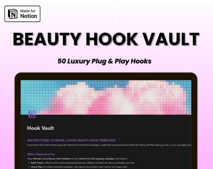 Promotional graphic for 'Beauty Hook Vault' with a laptop displaying a template on a pink background.