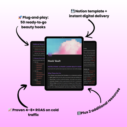 Promotional graphic for a Notion template with text about beauty hooks and digital delivery on a purple background.