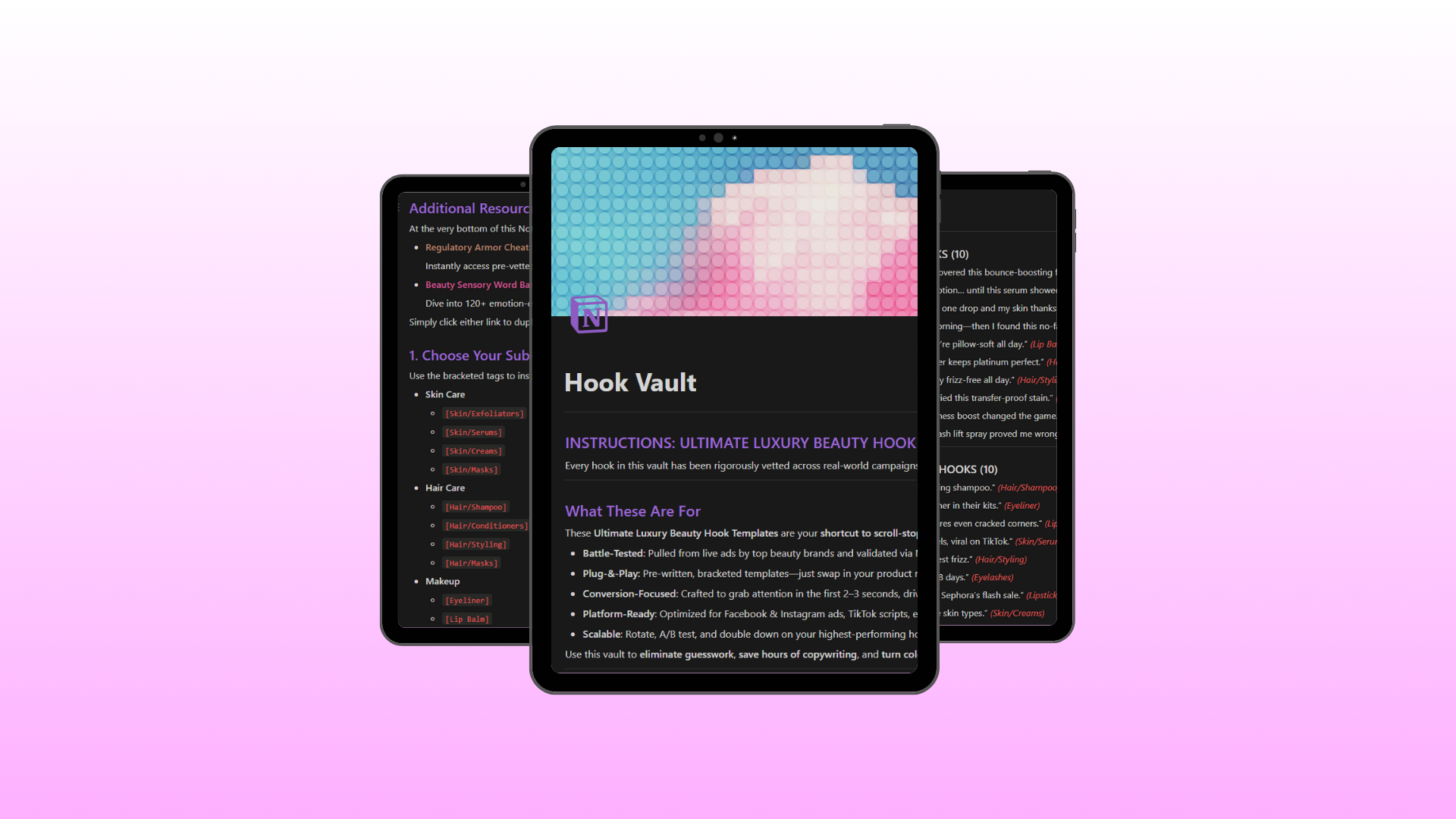 Tablet displaying a software interface with text and options on a pink gradient background